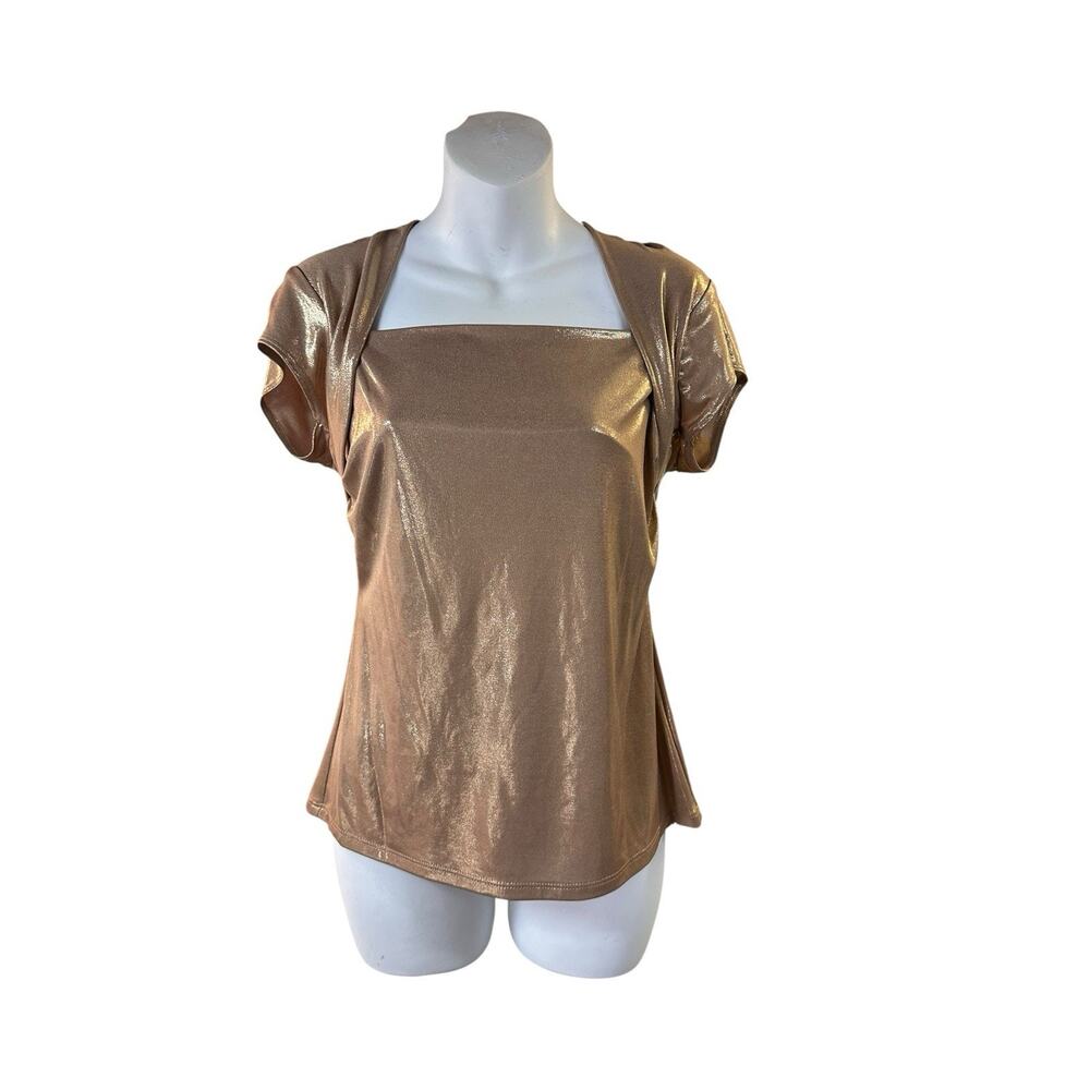 Cache Gold Metallic Square Neck Top Cap Sleeve Stretch Y2K Glam Clubwear Sz L